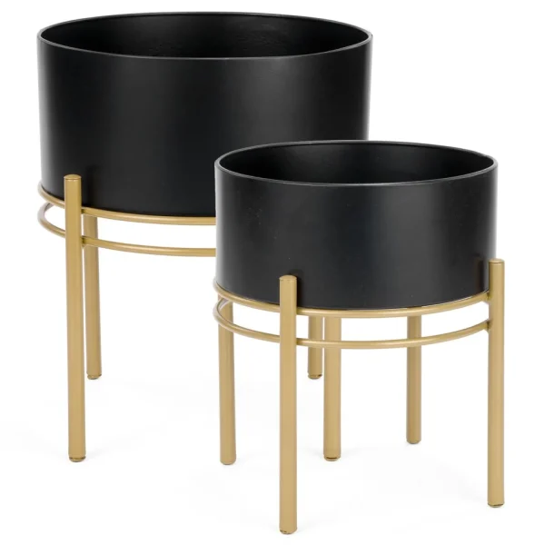 Attitudes Import 2 Black Planter On Gold Base - Large* Vases & Pots